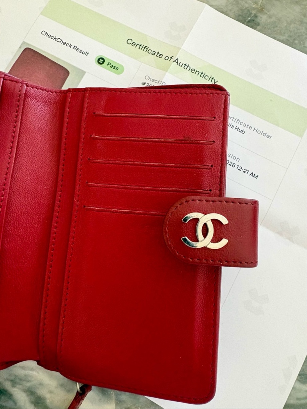 CERTIFIED CHANEL Red Floral Camellia Leather DOUBLE Coin Wallet cards CC w COA !